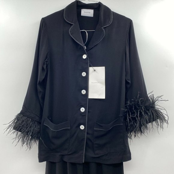 Sleeper Women’s Pajama Party Set Ostrich Feathers Black Double Feather Trim sz L - Picture 3 of 6